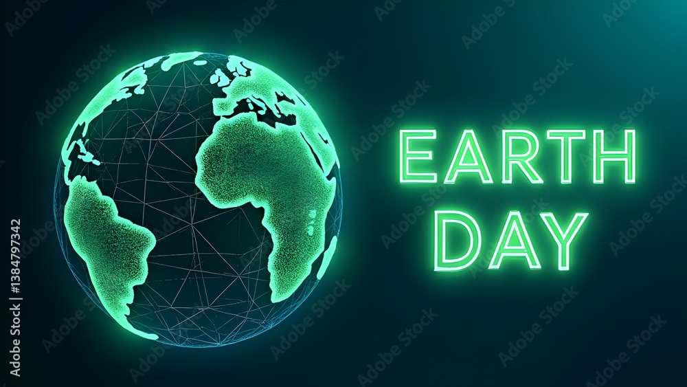 Poster futuristic earth day concept with glowing digital globe and neon green text on dark background – env