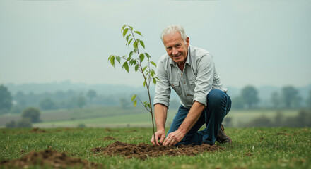 Smiling senior man kneeling while planting young tree in field. Environmental conservation and legacy concept for retirement fulfillment