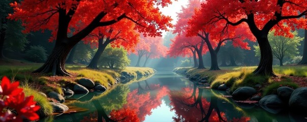 Crimson and gold canopy reflected in a tranquil stream , wildlife, season