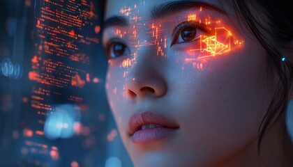 Woman with holographic data projection on face