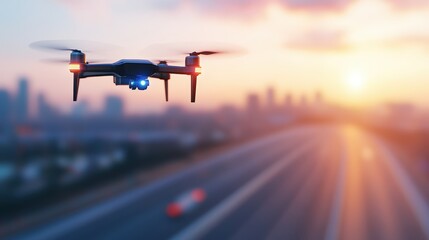 A drone flies over a highway, capturing stunning views of a city skyline during sunset, blending technology with urban landscapes.