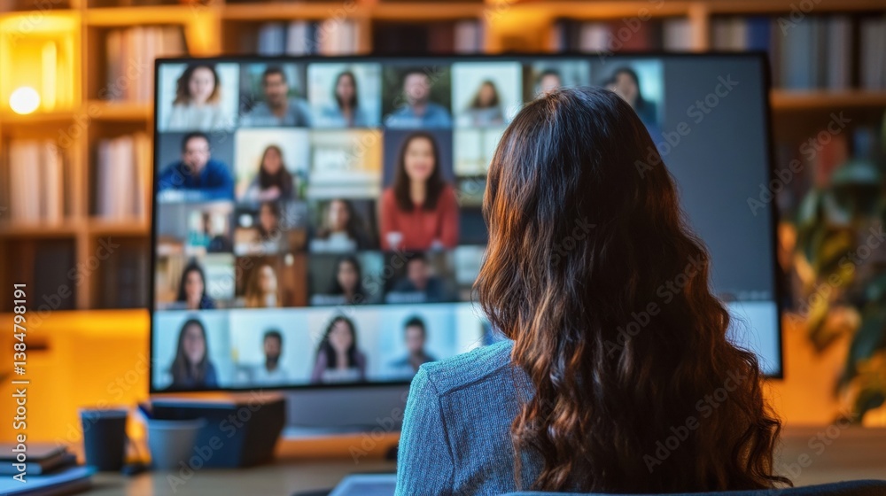 Poster professional online educator delivers an engaging virtual lecture in a modern study setting during d