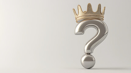 Shiny Silver Question Mark Symbol with Golden Crown on White Background Symbolizing Doubt and Decision