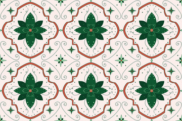 Seamless green floral tile pattern with ornate details and vintage curves on light pink background, perfect for textiles, wallpapers, and decorative backgrounds.