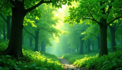Fototapeta premium Gentle spring rain on vibrant green forest canopy, foliage, woods, ecology