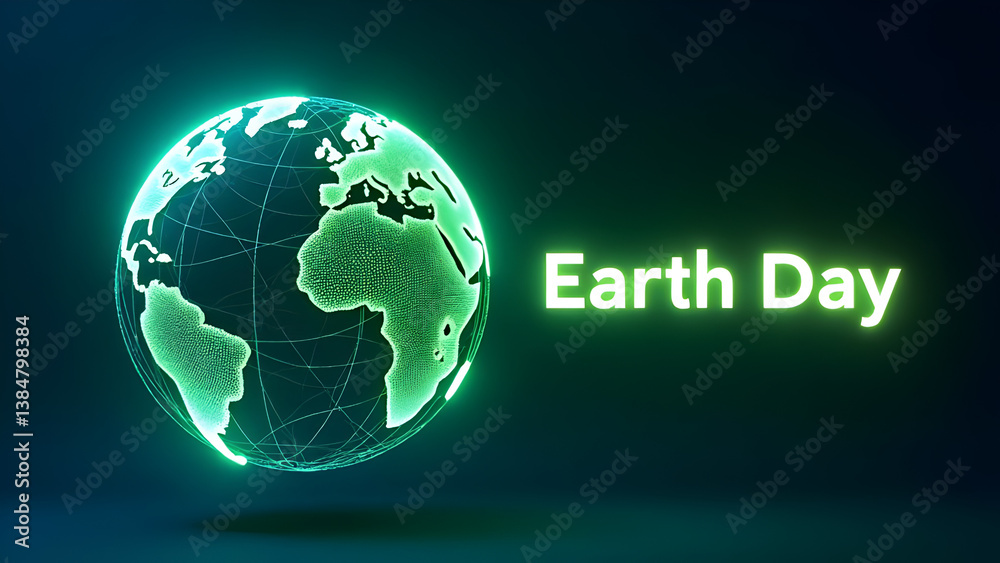 Poster Futuristic Earth Day Concept with Glowing Digital Globe and Neon Green Text on Dark Background – Environmental Awareness, Technology for Sustainability, Global Eco Innovation, Digital Nature Concept.