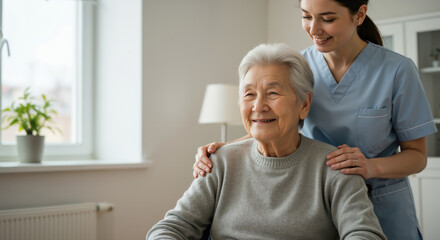 Smiling senior woman with caregiver in nursing home. Elderly care and assisted living service for comfortable retirement lifestyle