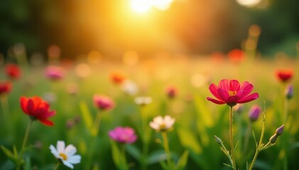 Fototapeta premium Golden hour light bathes wildflowers, lush green backdrop, meadow, golden hour, texture