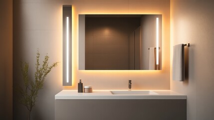 A minimalist bathroom with slim vertical LED sconces mounted beside a frameless mirror above a sleek white countertop