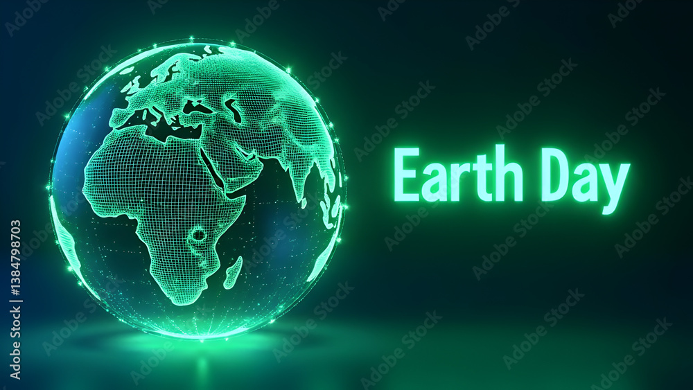 Poster futuristic earth day concept with glowing digital globe and neon green text on dark background – env