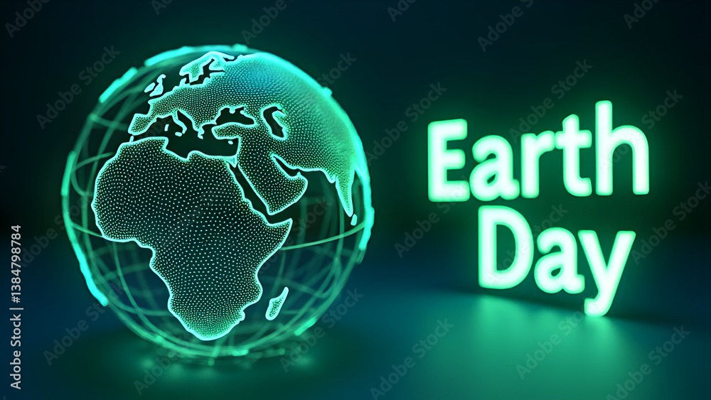 Poster futuristic earth day concept with glowing digital globe and neon green text on dark background – env