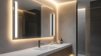 A minimalist bathroom with slim vertical LED sconces mounted beside a frameless mirror above a sleek white countertop