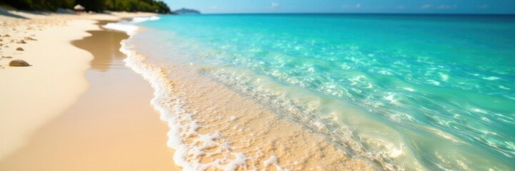 Warm sand and crystal clear water meet at serene beach scene, tranquil, calm, sand