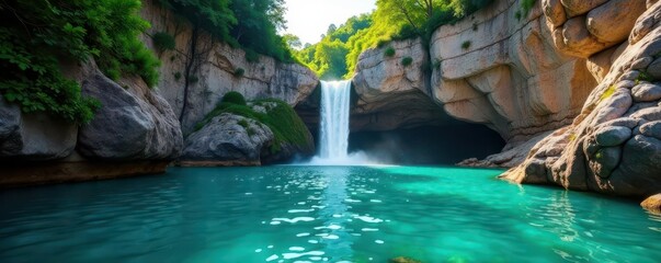 Sheer limestone cliffs frame a cascading waterfall, crystal clear water , nature, untamed, pure