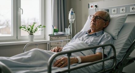 Senior man in hospital bed looking thoughtfully at window. Patient recovery and elderly healthcare concept for medical treatment programs