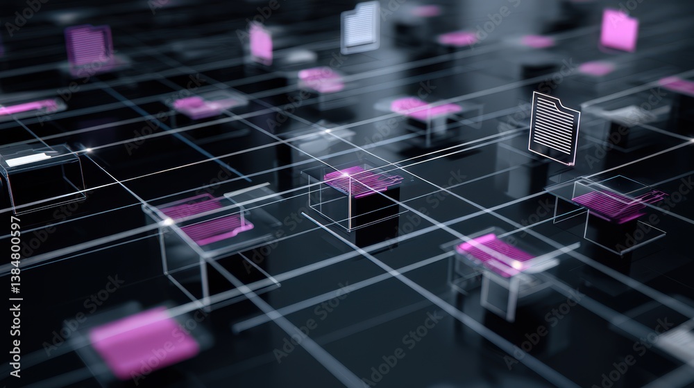 Poster abstract network grid with files and folders, futuristic software interface, digital document manage
