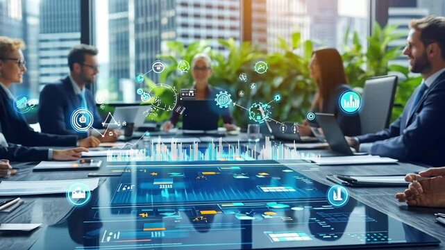Data-Driven Decisions: A modern business meeting unfolds, where data visualizations and high-tech interfaces enhance collaboration and strategic thinking within a sleek boardroom.