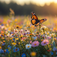 A beautiful meadow filled with colorful wildflowers and butterflies fluttering around