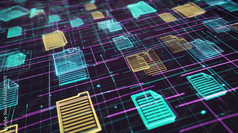 Poster abstract network grid with files and folders, futuristic software interface, digital document manage