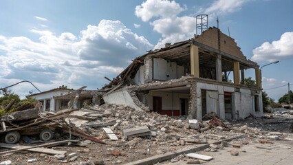 A partially collapsed building amidst rubble, with blue skies and clouds in the background, showcasing the aftermath of destruction.