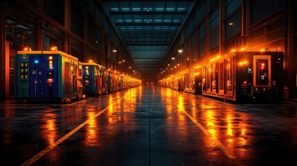 Industrial warehouse interior at night, lit by warm orange emergency lights.  Dark, reflective floor