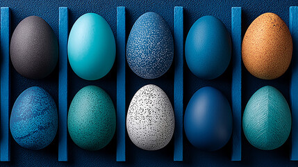 Fototapeta premium Painted Easter Eggs: A captivating display of vibrantly painted eggs, arranged in rows, offering a delightful palette of colors and textures, perfect for seasonal celebrations.