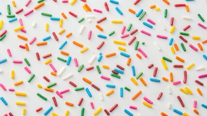 A colorful array of sprinkles scattered on a white surface, creating a festive and playful atmosphere.