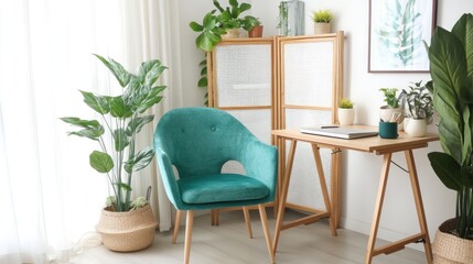 Bright and Cozy Home Office Interior with Plants and Natural Light