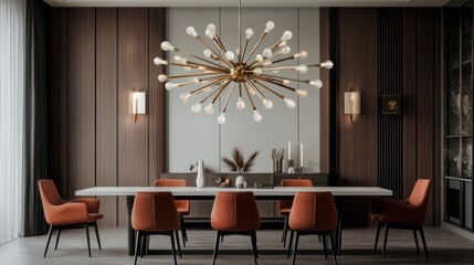 Fototapeta premium A modern sputnik chandelier in brushed brass hanging over a rectangular dining table with mid-century modern chairs in a stylish dining space