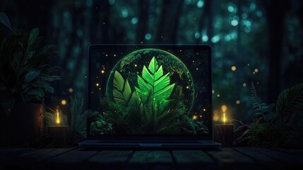 Laptop displays Earth with greenery.  Dark, peaceful, sustainable