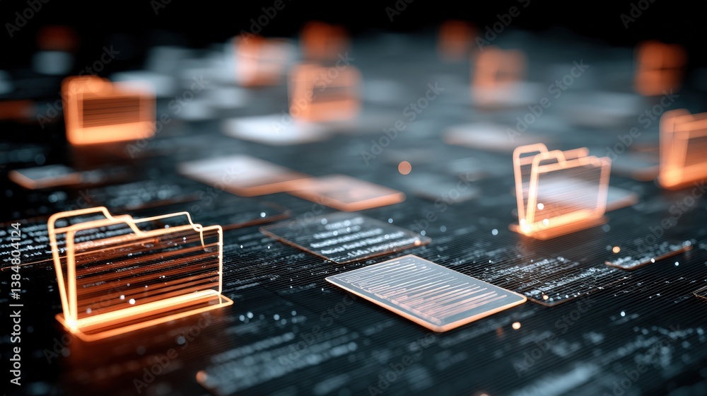 Poster abstract network grid with files and folders, futuristic software interface, digital document manage