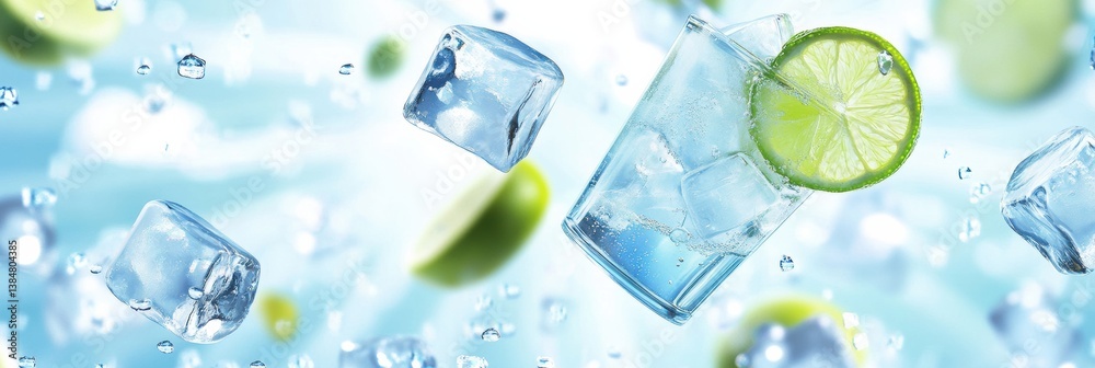 Poster Refreshing cold lemonade with ice cubes and lime slices against a bright summertime backdrop