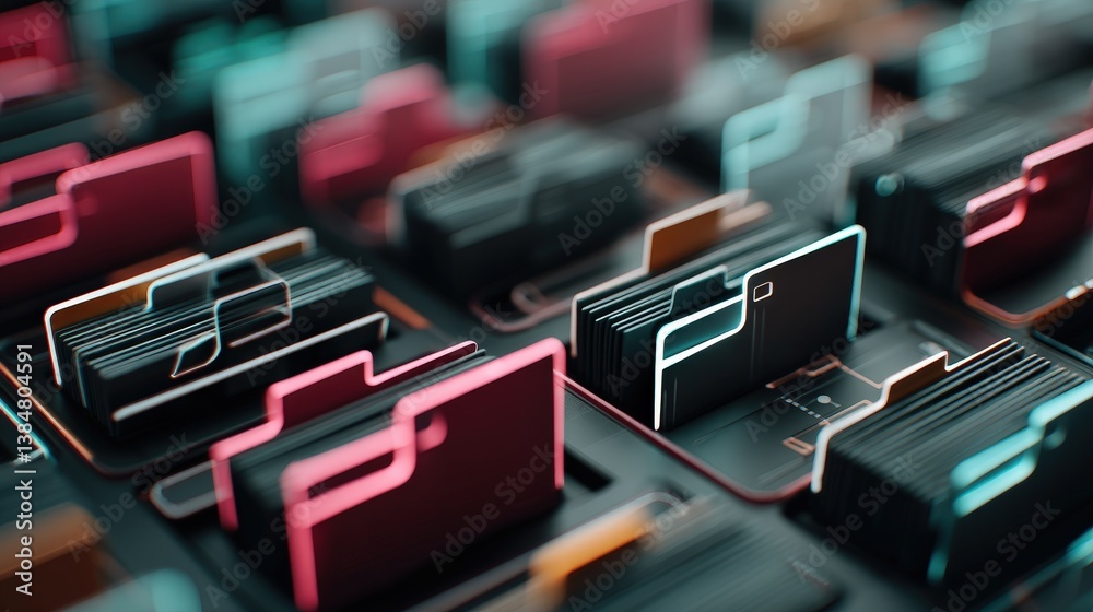 Poster abstract network grid with files and folders, futuristic software interface, digital document manage