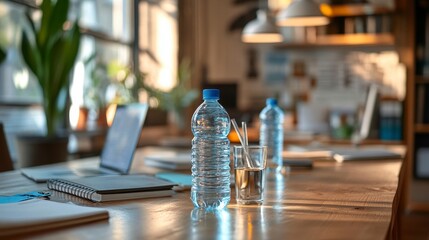 Modern Office Workspace with Water Bottles and Laptop in Focus