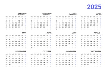 2025 horizontal calendar monday start