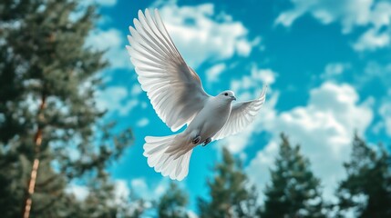 Fototapeta premium White dove soaring, wings spread, forest backdrop, peace symbol