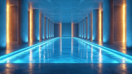 Indoor pool with blue and orange lighting, concrete columns, and reflective water.