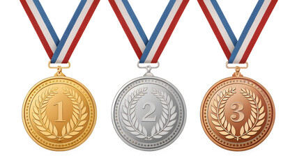 Triumphant Trio: Gleaming golden, silver, and bronze medals adorned with colorful ribbons, a symbol of victory, honor, and excellence for top achievers.