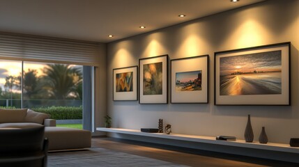 A recessed lighting setup with adjustable dimmers highlighting a gallery wall in a contemporary living room