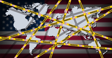 Vector political economic banner. Yellow prohibitory and warning tapes with inscription, tariffs. Blurred flag of United States of America. Silhouette of world map. Trade wars, business and finance