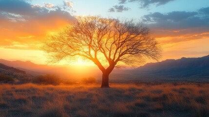 Solitary tree silhouetted against a vibrant sunset over a mountain range.