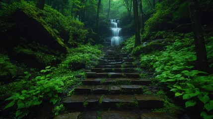 Lush green forest path leading to waterfall.  Misty, damp steps wind through thick foliage