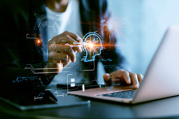 Programmer people working laptops or smartphones with AI, artificial intelligence software engineer...