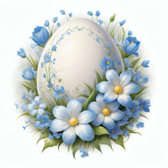Obraz premium Decorative egg nestled among blue flowers creating a vibrant spring atmosphere and celebrating renewal in nature Generative AI