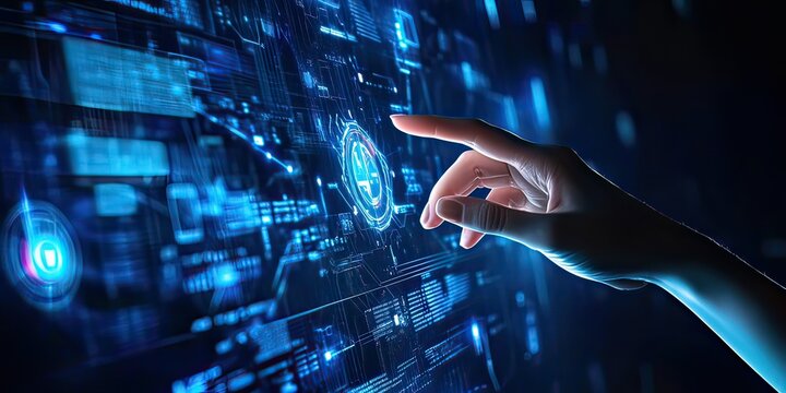 Interactive futuristic digital interface with hand touching virtual screen, created by ai generated - Powered by Adobe