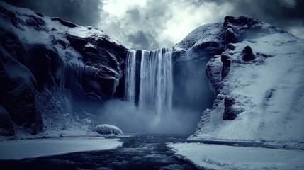 Fototapeta premium majestic icy waterfall cascading between snow covered cliffs under a dramatic sky creating a powerful and awe inspiring arctic landscape vista