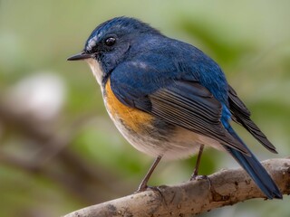 森の木陰で周りを見渡しているルリビタキの雄の美しい羽毛の様子