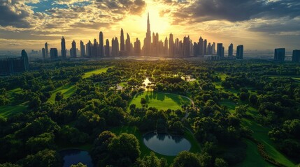 Lush parkland meets a modern city skyline at sunrise.  A tranquil green oasis surrounded by towering skyscrapers, bathed in the golden light of dawn