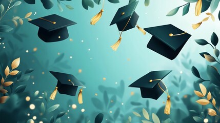 Elegant academic celebration featuring graduation caps with foliage