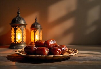 Dates on Carved Wooden Plate with Warm Traditional Vibe isolated on transparent. PNG.